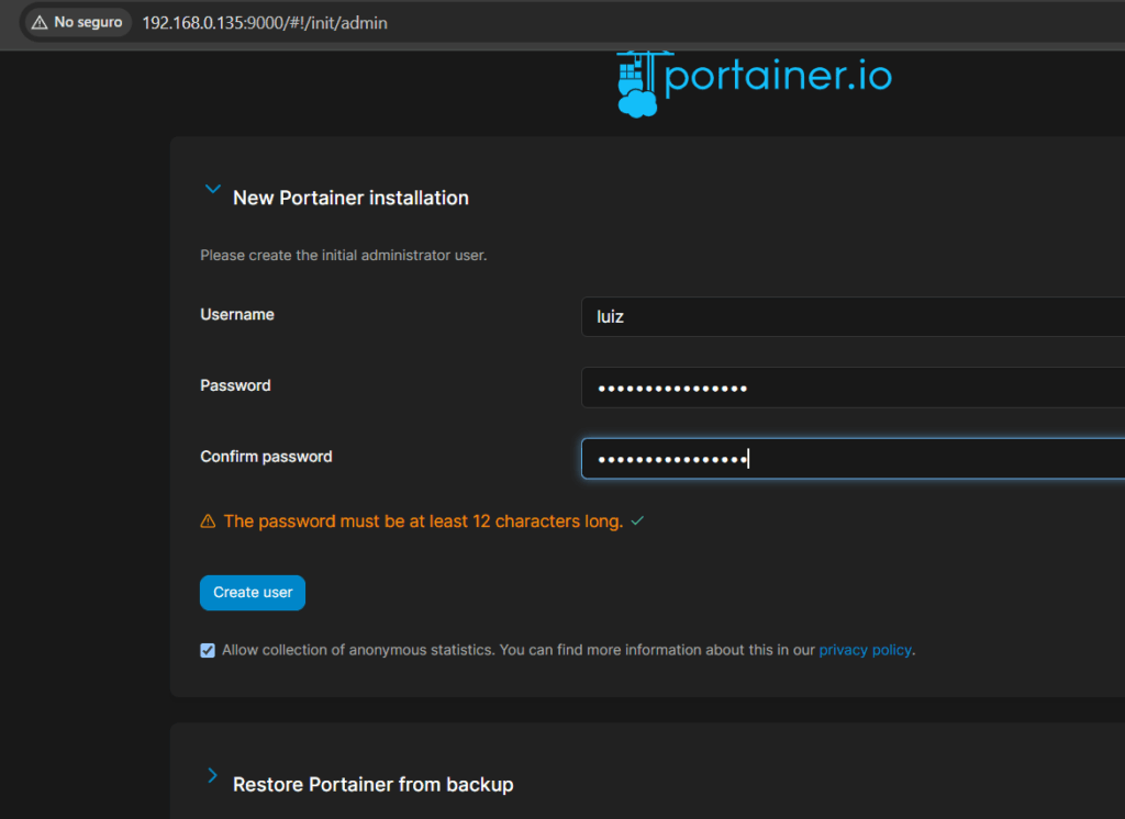 creacion de usuario en portainer