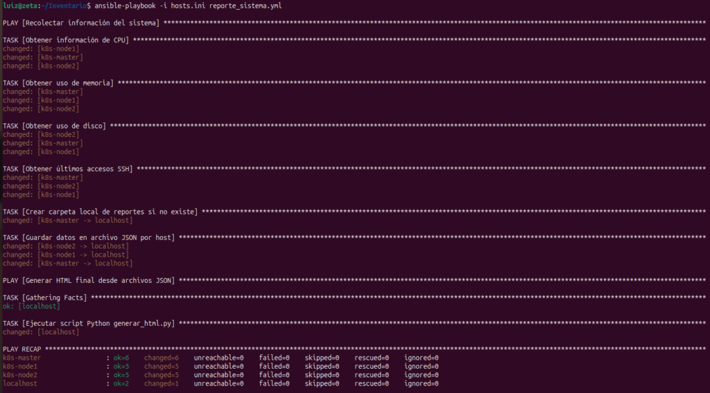 ejecucion del playbook de ansible con reporte de sistema en html