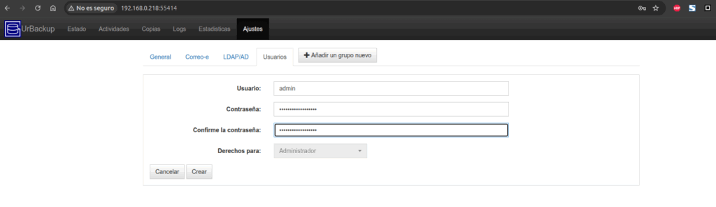 activando el usuario admin de urbackup