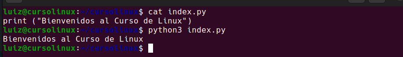 cat es el comando que se utiliza para saber leer un archivo y python3 index.py es para ejecutarlo y que muestre por pantalla