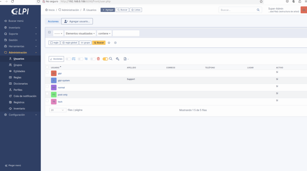 usuarios de glpi
