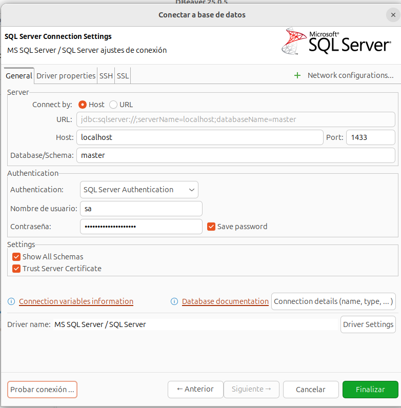 conexion a la base de datos microsoft sql server