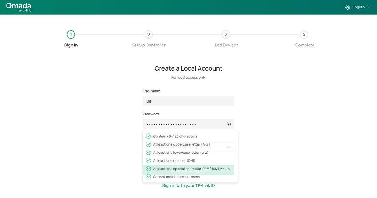 Cuenta local: usuario y contraseña con los requisitos a la vista