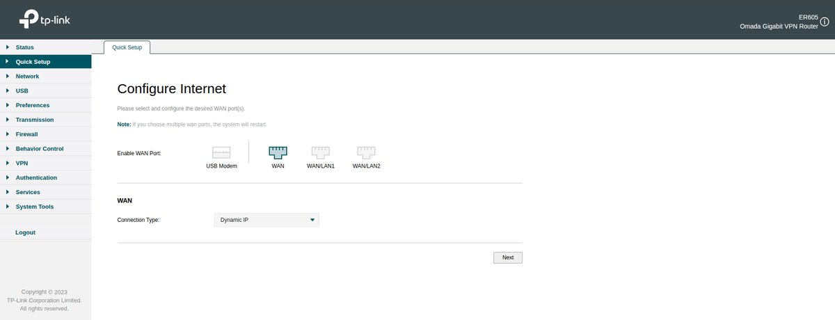 Configure Internet: elegir las bocas WAN y el tipo de conexión