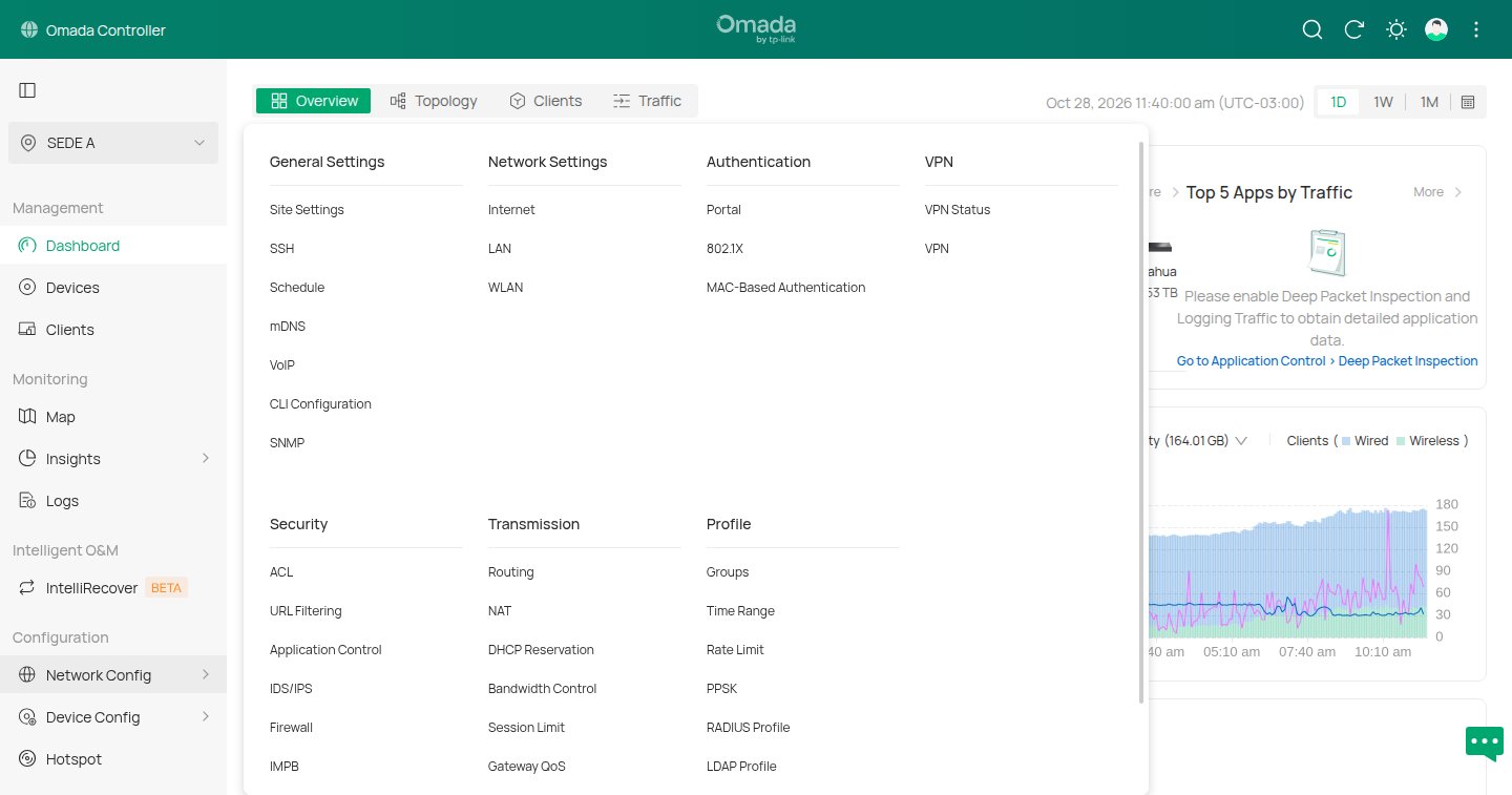 Menú Network Config del controlador Omada, con Internet, Routing y Groups