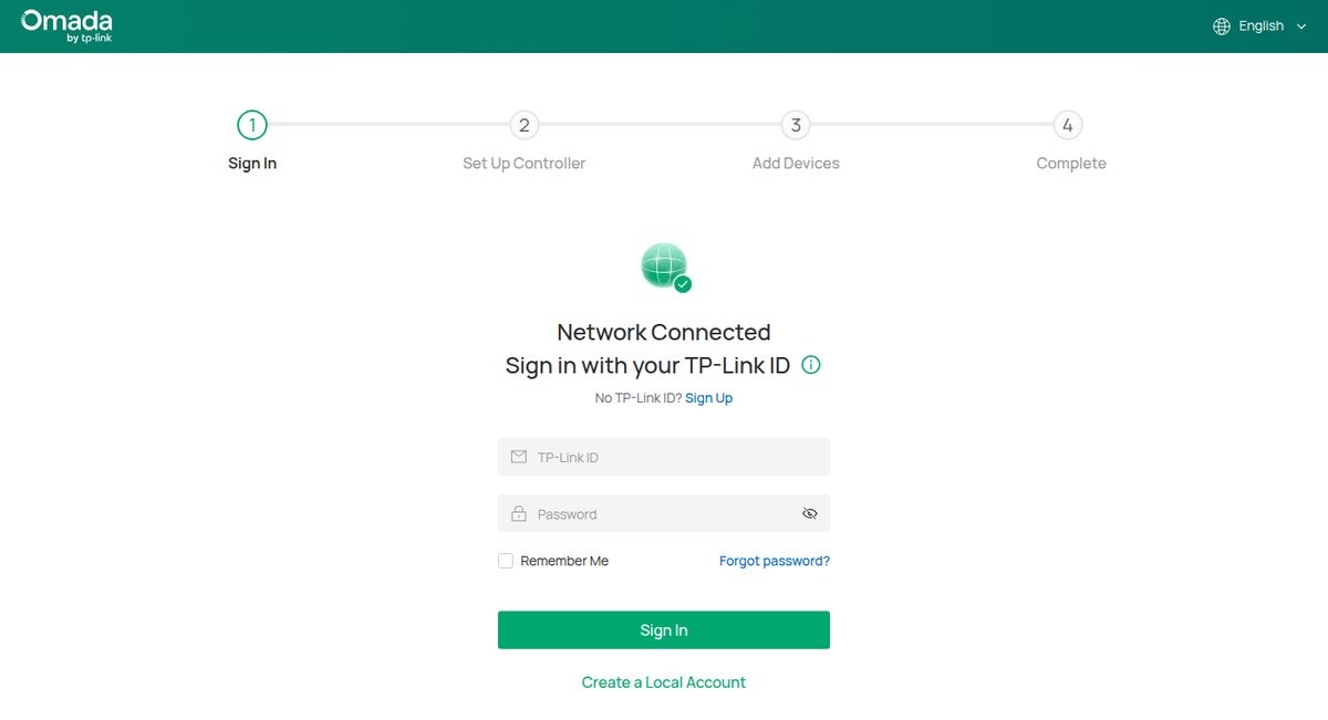 Primer paso del asistente: entrar con TP-Link ID o crear una cuenta local