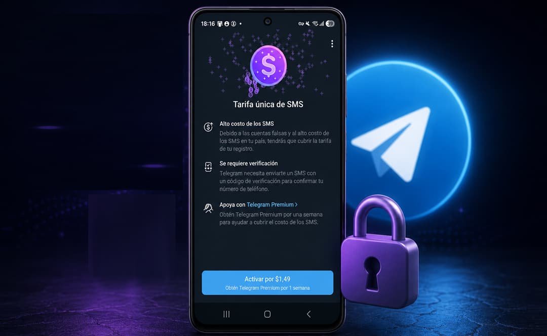 Pantalla de Telegram con la Tarifa única de SMS para recibir el código de verificación